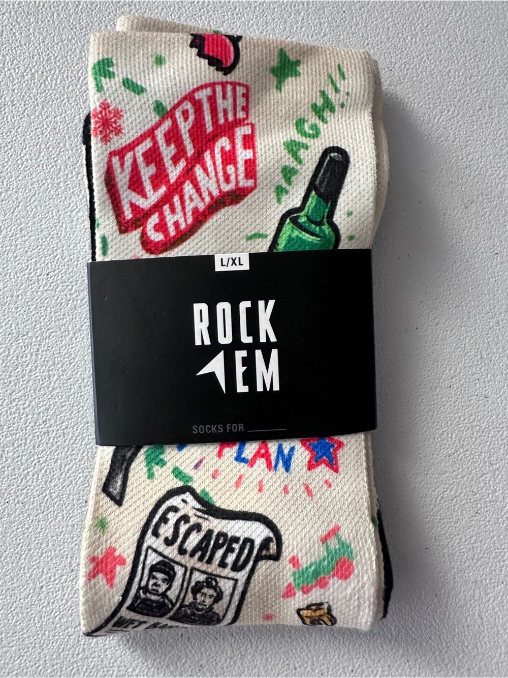 Rock 'Em L/XL Cream Graphic Crew Socks - Keep The Change